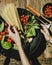 Fresh organic vegetables and ingredients prepared in a pan