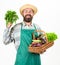 Fresh organic vegetables wicker basket. Hipster gardener wear apron carry vegetables. Farmer straw hat hold parsley and