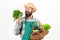 Fresh organic vegetables wicker basket. Hipster gardener wear apron carry vegetables. Man bearded presenting vegetables