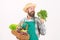 Fresh organic vegetables wicker basket. Hipster gardener wear apron carry vegetables. Man bearded presenting vegetables