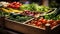 Fresh organic vegetables in wooden crates at farmers market. Healthy eating, sustainability concept.