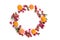 Fresh organic wreath raspberries and apricot garland. Fruit background. Summer fruits and berries harvest concept. Vegan