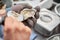 Fresh oyster held open with a oyster knife in a hand with an oyster glove, close-up