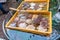 Fresh oysters in containers,Hakodate market