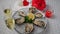 Fresh oysters on ice rotating, Valentine\\\'s Day, glasses of champagne. Close up