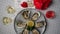 Fresh oysters on ice rotating, Valentines Day, glasses of champagne. Top view