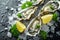 Fresh oysters with lemon and parsley on a black background.