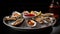 Fresh oysters with red caviar in a bowl on a black background