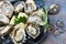 Fresh oysters seafood on a black plate background - Open oyster shell with herb spices lemon rosemary served table and ice healthy