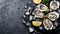 Fresh oysters served on a bed of ice create an appetizing display against a dark background, Ai Generated