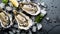 Fresh oysters served on a bed of ice create an appetizing display against a dark background, Ai Generated