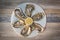 Fresh oysters white plate and lemon on wooden desk