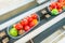 Fresh packed small tomatoes on a conveyor belt in a Dutch greenhouse