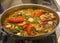 Fresh paella with seafood in a pan