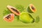 Fresh papaya fruits and leaves falling on bright green background