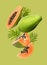 Fresh papaya fruits and leaves falling on light green background