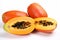 fresh Papayas on a pristine white background. The Papaya is perfectly ripe and bursting with flavor