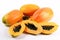 fresh Papayas on a pristine white background. The Papaya is perfectly ripe and bursting with flavor