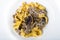 Fresh pappardelle pasta with porcini mushrooms and truffle scent. Parmesan and mozzarella cheese