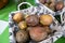 Fresh passion fruits in box at an agricultural exhibition