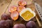 Fresh passion fruits on a wooden background