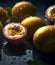 Fresh passionfruit passionfruits glistering with water droplet