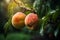 Fresh peaches with rain drops of water. Natural Fruit growing on a tree in the summer. Garden with ripened fruits. Delicious and