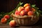 Fresh peaches in a wicker basket on a wooden background, Ripe juicy organic peaches in a wicker basket, AI Generated