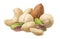 Fresh peanut, peeled and blanched hazenlut, cashew, almond, pistachio isolated on white background. Nut mix