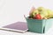 Fresh pears in a carton box and tablet pc