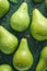 Fresh pears on a dark background, covered in water droplets. The pears are arranged naturally, creating a composition.