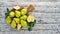 Fresh pears on a white wooden table. Fruits.