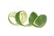 Fresh peel of lime fruit isolated on white background. Citrus twist peel