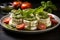 Fresh pesto, tomato and mozzarella slices, on a white plate. Generative AI