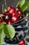 Fresh picked cherries in antique plates, dark food photography