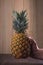 Fresh Pineapple being held Vertical picture Ripe pineapple being held vertically by a strong male caucasian hand with a wooden ba