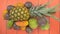 Fresh pineapple and exotic fruits on red background