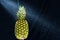 Fresh pineapple gets sprayed with water on black background. Concept of summer, health and fun