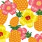 Fresh pineapples fruits and flowers pattern