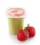 Fresh pink strawberry yogurt in plastic pot