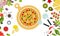 Fresh pizza seafood with shrimp, tomatoes, cheese, olives, lemon, basil. Vector flat illustration.