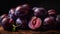 Fresh plums background, top view closeup, farm natural organic fruits. AI generated.