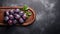 Fresh Plums On Wooden Tray: Bold, Graceful, And Textured