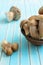 Fresh porcini mushrooms in earthenware basin on wooden turquoise table