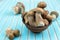 Fresh porcini mushrooms in earthenware basin on wooden turquoise table