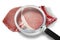 Fresh pork steak HACCP Hazard Analyses and Critical Control Points concept with image seen through a magnifying glass - Food