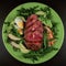 Fresh prepared lamb with arugula, avocados and egg