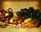 Fresh Produce on burlap still life with warm side light. An array of assorted fruits and vegetables. with copy space