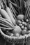 Fresh produce from a vegetable garden gathered in a basket