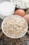 Fresh products - oatmeal, eggs, cottage cheese and milk, closeup